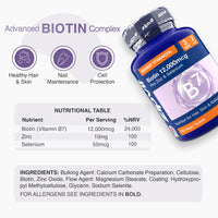 Zipvit Biotin Hair Skin & Nails Complex with Zinc & Selenium 12000mcg, 180 Vegan Tablets, High Strength Biotin for Men and Women