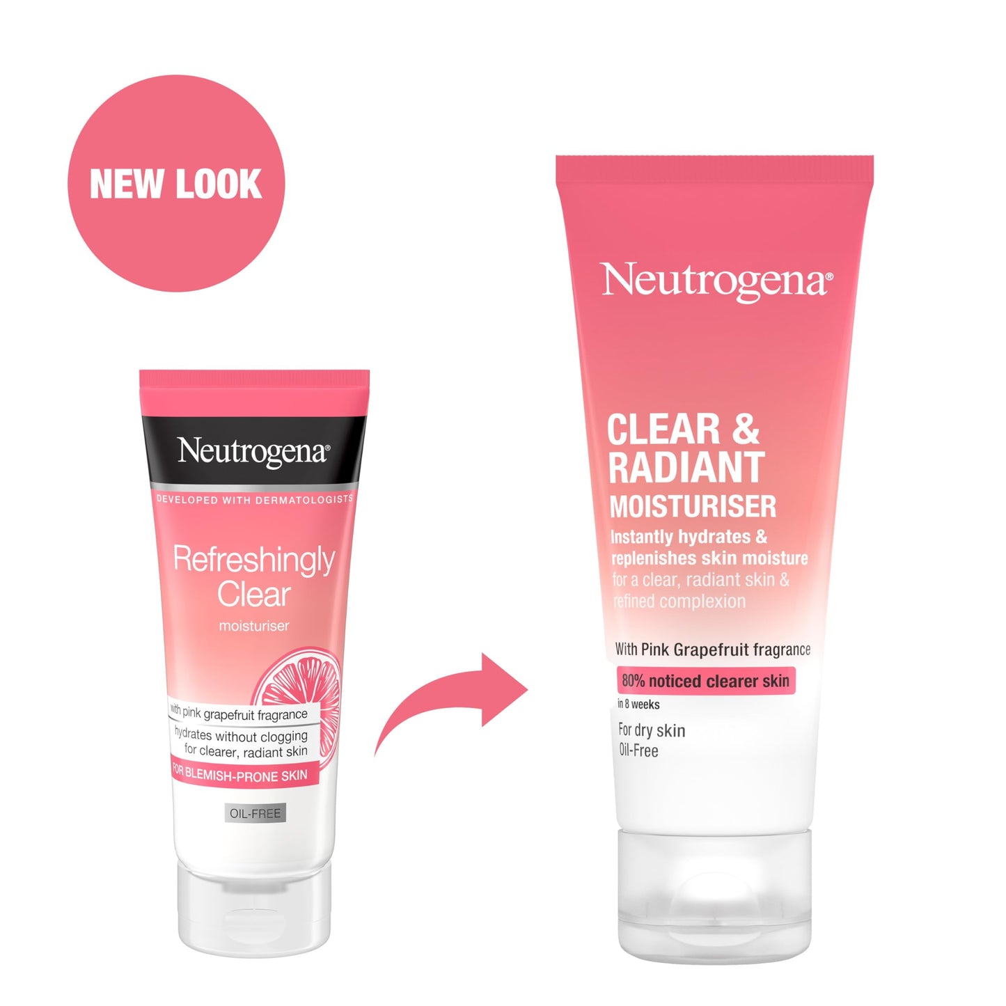 Neutrogena Clear & Radiant Moisturiser (1x 50ml), Daily Facial Cream for Dry Skin Prone to Blemishes, Uplifting Oil-Free Moisturiser with Pink Grapefruit Fragrance, for a Clearer, Radiant Skin