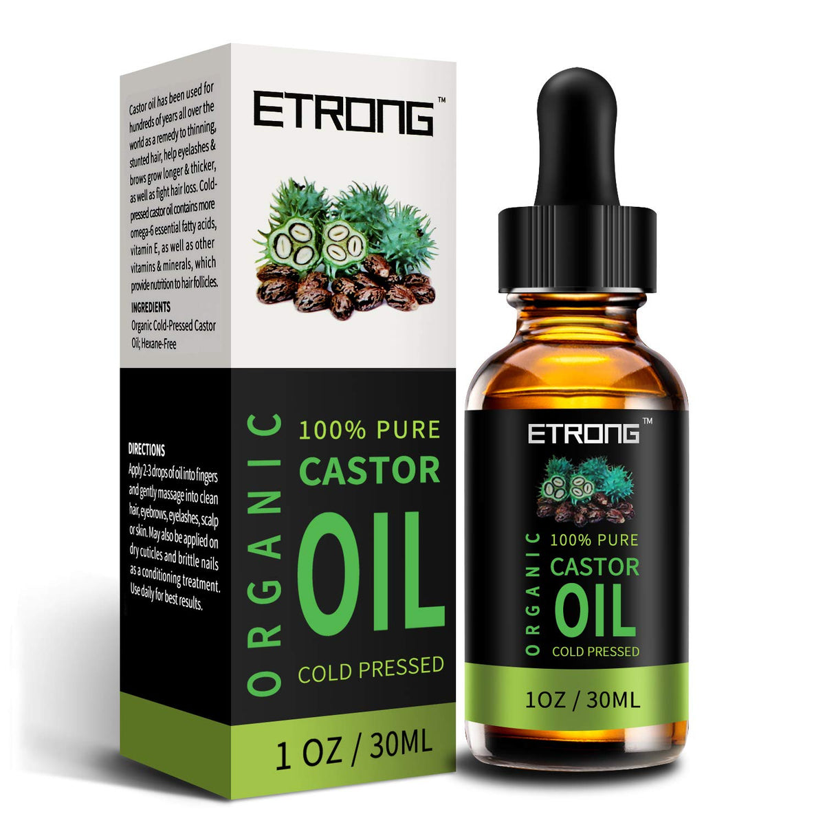 ETRONG Organic Castor Oil,Pure Cold Pressed Castor Oil for Eyebrows,Eyelashes,Hair Growth,Nails,and Skin with 5 Sets of Eyebrow&Eyeliner Brushes (30ml)