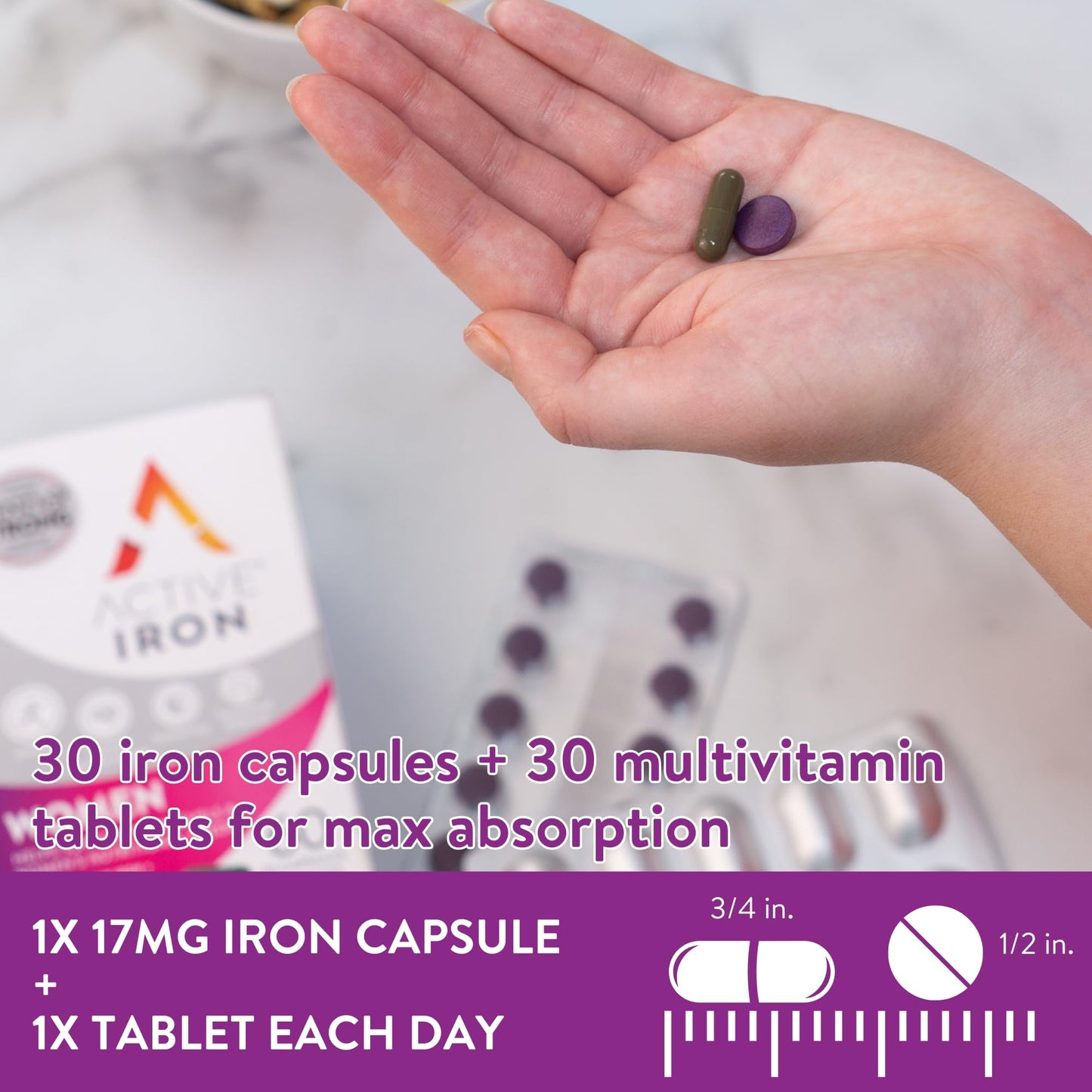 Active Iron Women with Active Multivitamin | 30 Iron Capsules & 30 Active Multivitamins | Iron Supplement | High Strength B Vitamins | Non-Constipating | 1-Month Supply