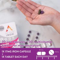 Active Iron Women with Active Multivitamin | 30 Iron Capsules & 30 Active Multivitamins | Iron Supplement | High Strength B Vitamins | Non-Constipating | 1-Month Supply