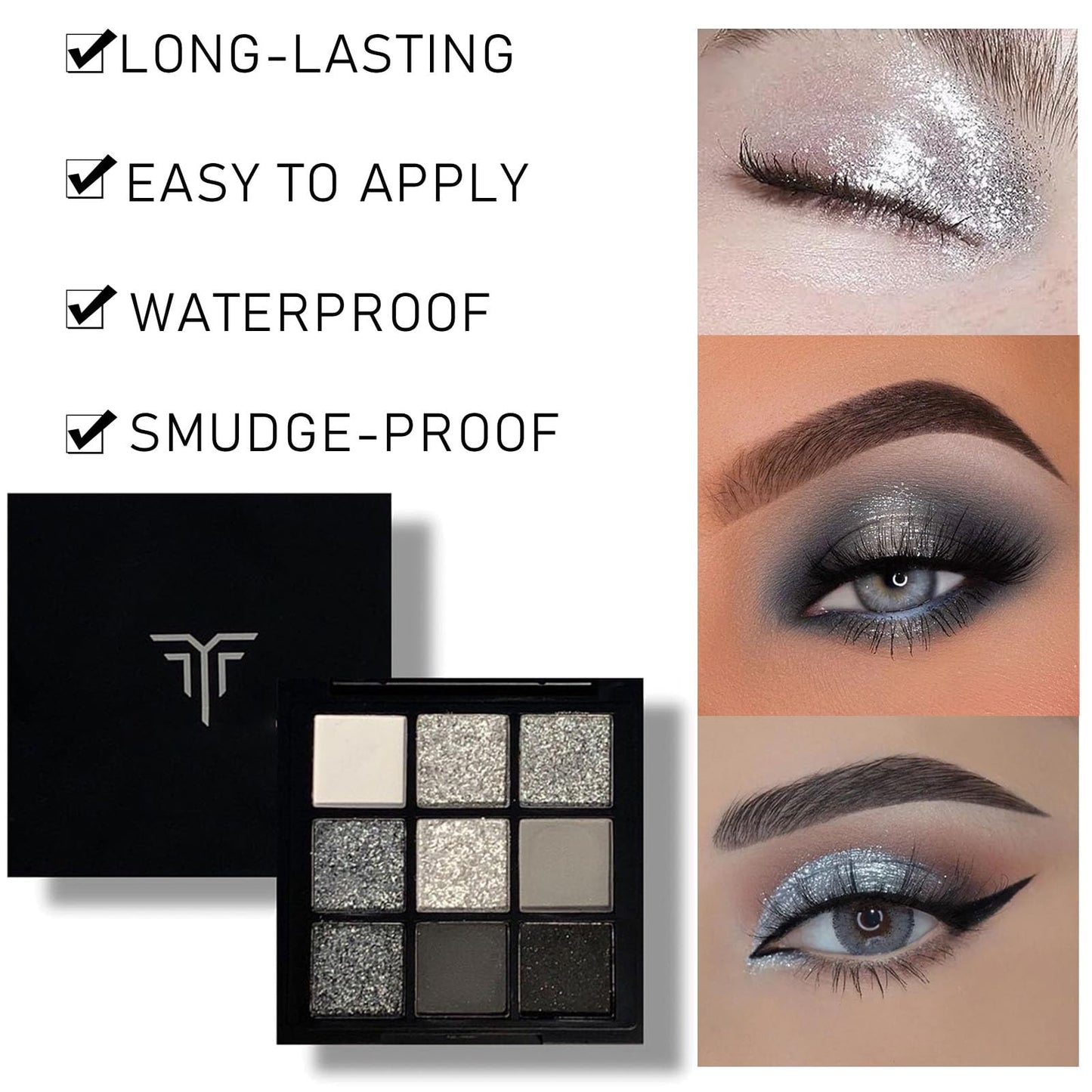 QUIWEN Black Eyeshadow Palette, Smokey Silver Glitter Eyeshadow Palette, Highly Pigmented White Grey Cold Toned Eye Shadows Pallets for Women, Long Lasting Waterproof Eye Shadows Make Up Palettes