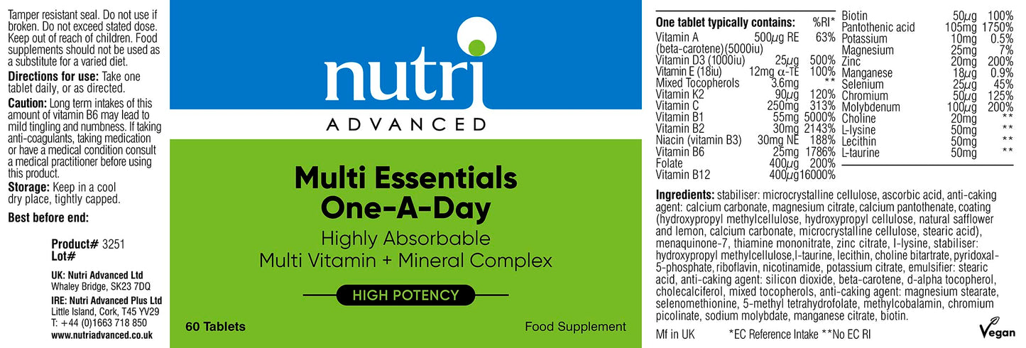 Nutri Advanced - Multi Essentials One A Day Multivitamin - Vegetarian and Vegan - 60 Tablets