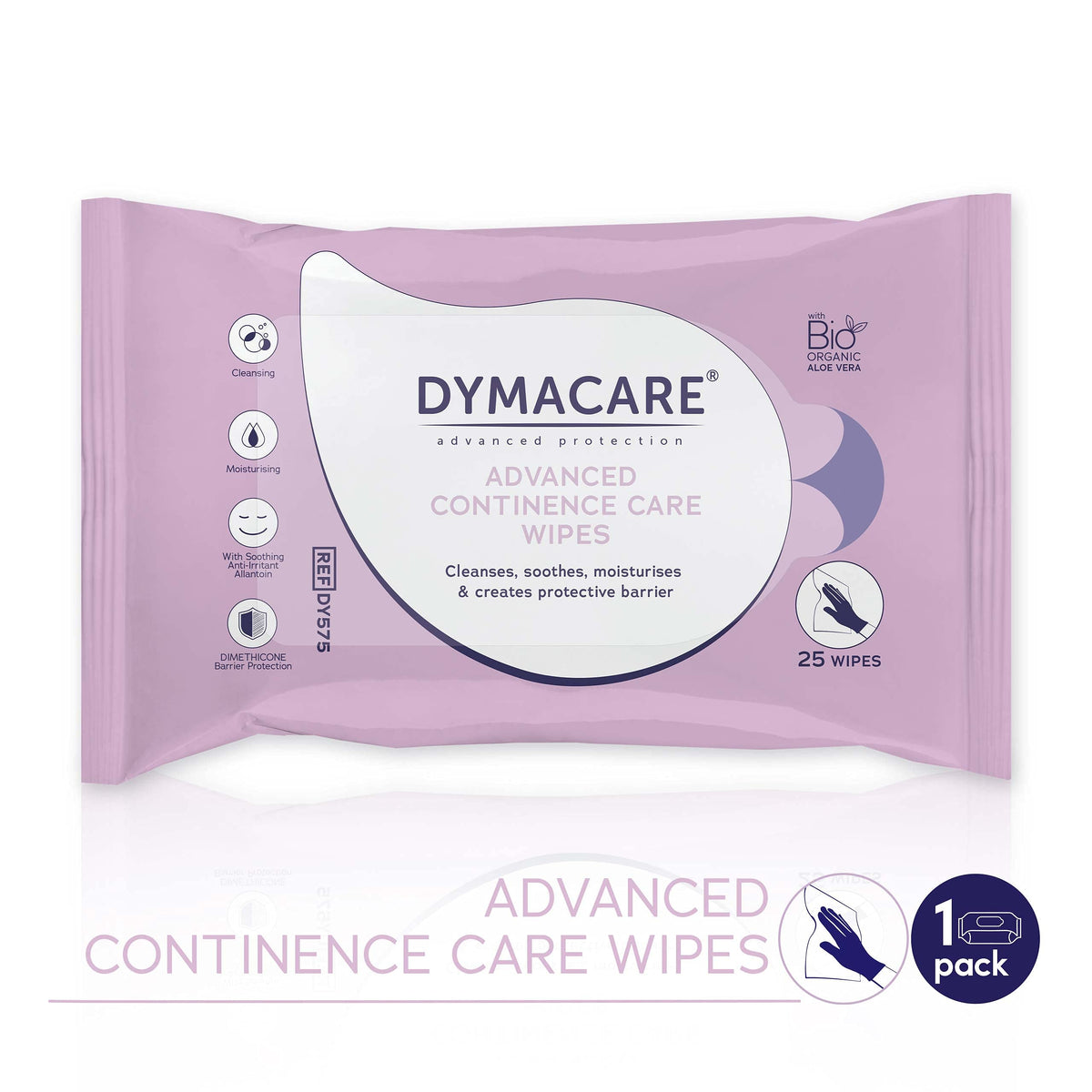 Dymacare DYMACARE Advanced Continence Care Wipes | Adult Premium Disposable Incontinence Skin Cleansing Cloths with Barrier Cream & Aloe Vera | 1 Pack of 25 Wipes
