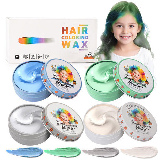 MIFANYO 4 Hair Colors Temporary Wax for Kids, Washable Colored Hairstyle Dye Mud, Girls Boys Youth Instant Styling Pomade, DIY Coloring Gel Cream for Women Men Cosplay Halloween, Blue Green Gray White