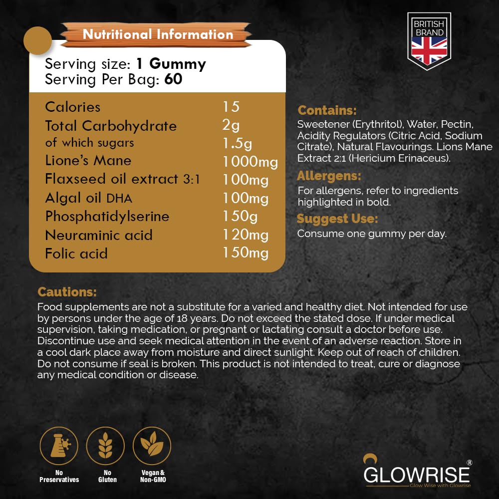 GLOWRISE Lions Mane Gummies 1000mg – Blueberry Flavor, Sugar-Free, Vegan & Halal - 60 Gummies (Two Months Supply)- (Not Powder or Capsules)