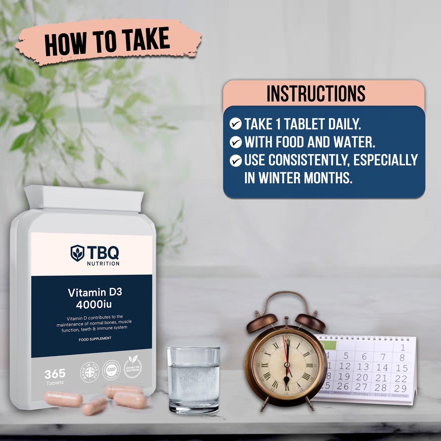 TBQ Nutrition Vitamin D3 4000IU – 365 Tablets | High Strength 100µg Cholecalciferol | Supports Bones, Muscles, Teeth & Immune Function | One Year Supply | UK Made | Vegetarian Supplement