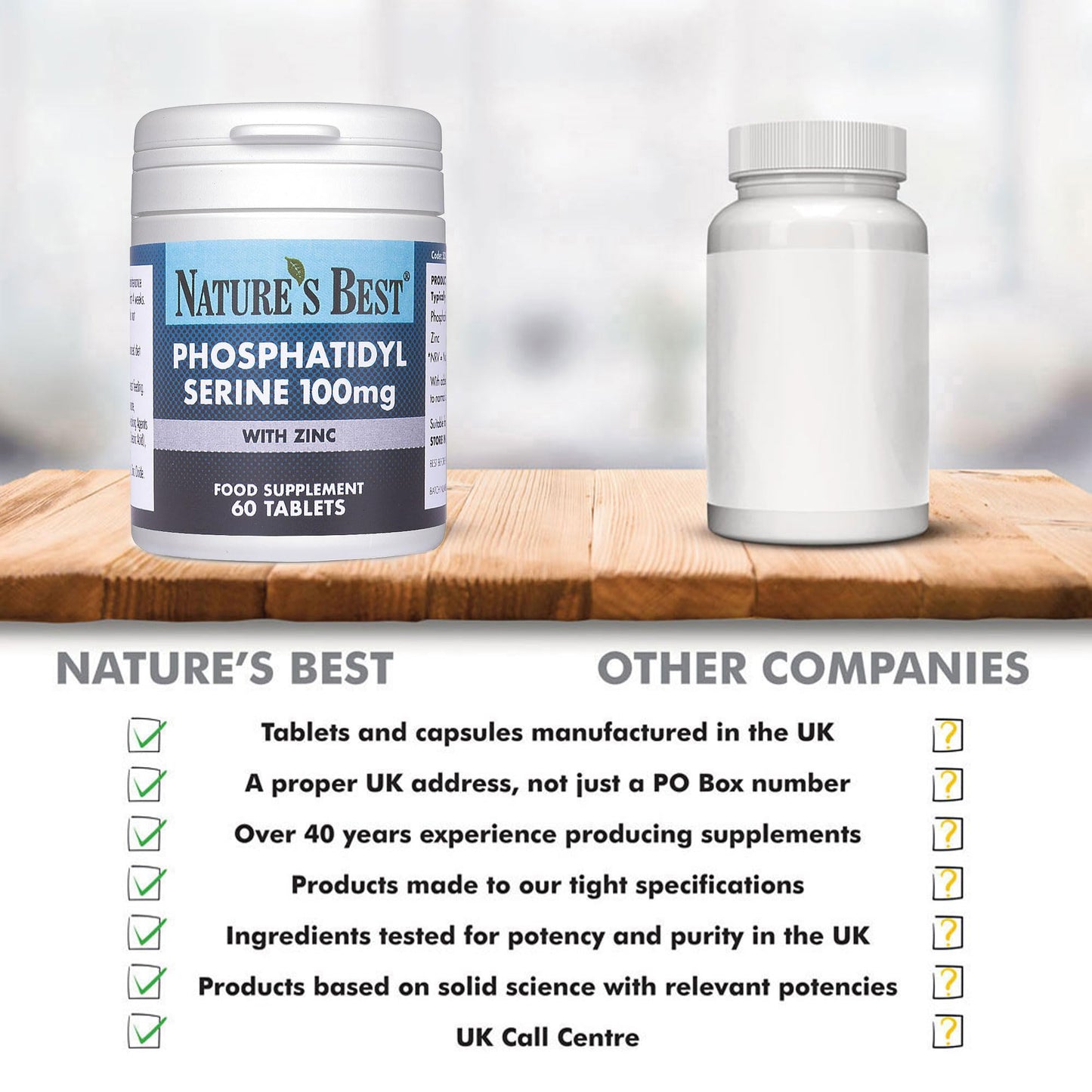 Premium Phosphatidyl Serine 100mg - Supports Cognitive Function* - 60 Tablets, 1-3 Daily - Clinically Studied Level - Enriched with 5mg Zinc - Non-GMO SOYA - 1+ Month's Supply, UK Made