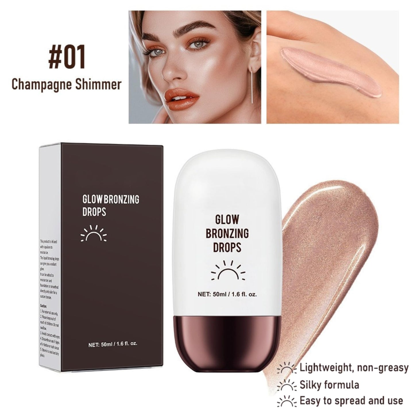 Cureluxe Glowing Liquid Bronzer - Bronzing Drops - Tan Face Drops -Liquid Bronzing Drop for Body - Tan Luxe Face Tanning Drop for Contour Makeup & Natural Glow - Luxe Champagne Shimmer 01