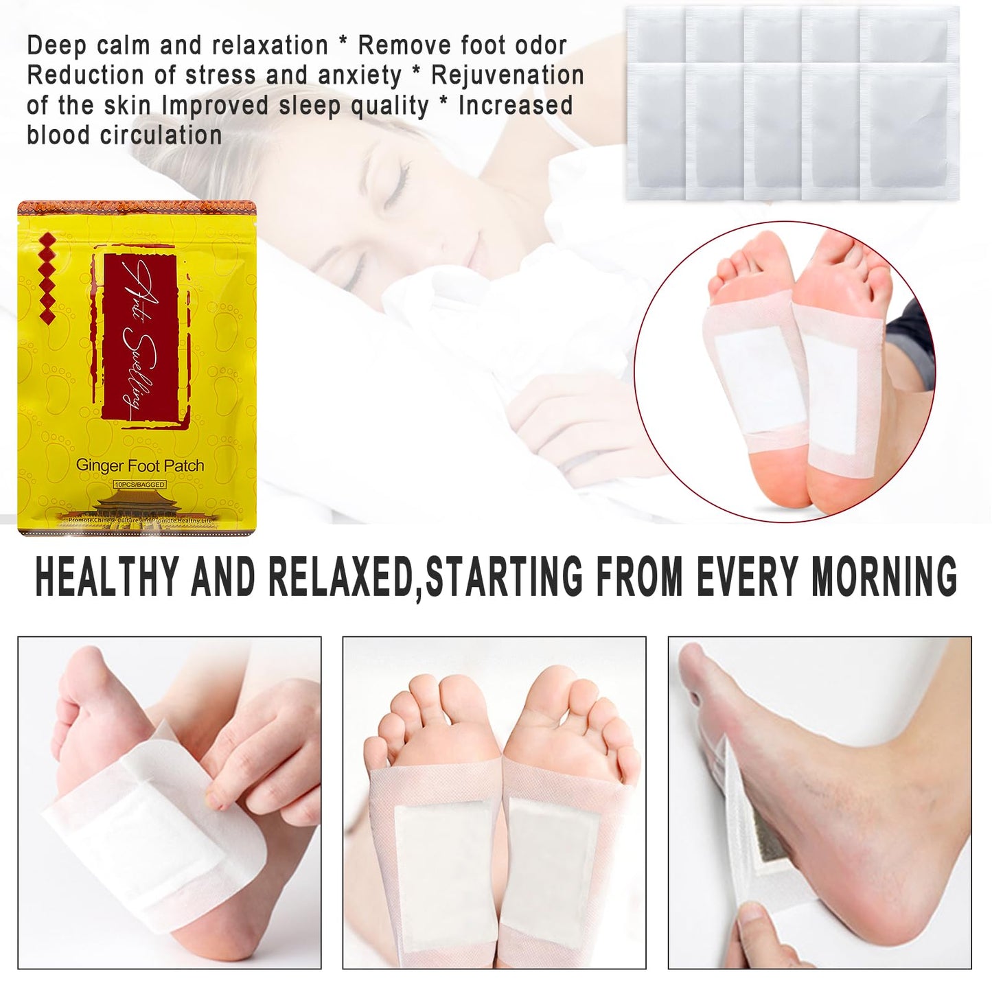 DRTRU 60pcs Ginger Detox Foot Pads - Anti-Swelling Ginger Detoxing Patches for Foot Care, Stress Relief, Improved Sleep