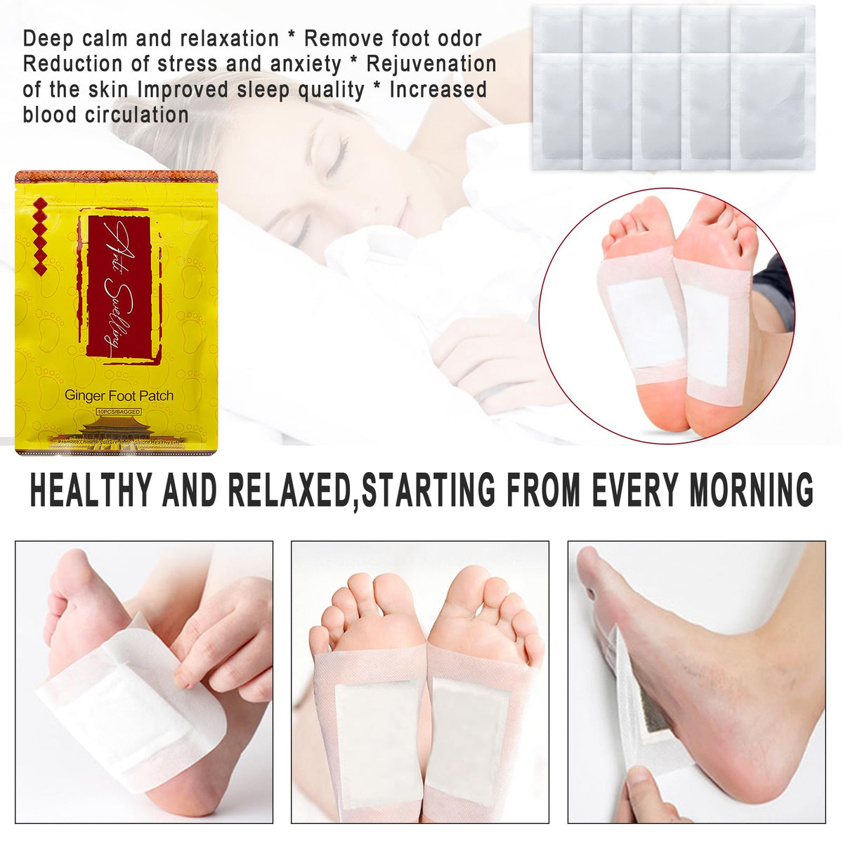 DRTRU 30pcs Ginger Detox Foot Pads - Anti-Swelling Ginger Detox Patches, Cleansing Foot Pads for Stress Relief & Better Sleep