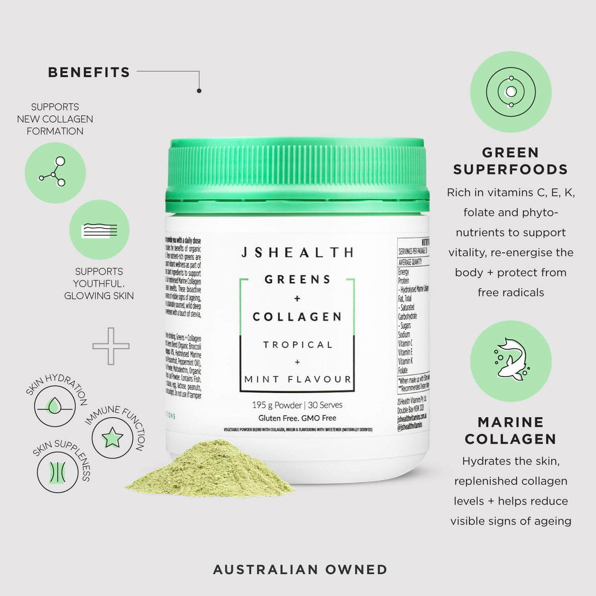 JSHealth Super Greens Powder - Greens & Collagen Powder, 30 Servings