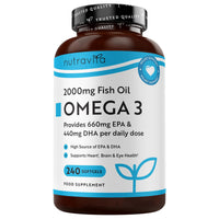 Nutravita Omega 3 Capsules High Strength 2000mg with 660mg EPA & 440mg DHA - 240 Softgel Omega 3 Fish Oil Capsules for 4 Months of Supply - Heart, Brain & Vision - Fish Oil Supplements