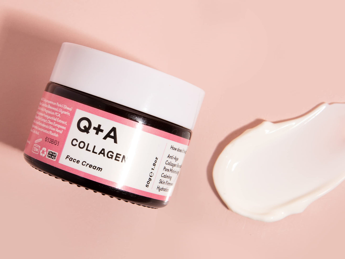 Q+A Collagen Face Cream. A vegetarian, seaweed derived Collagen cream for ageing skin, anti ageing with natural seaweed derived Collagen, and Shea Butter for Ultimate Hydration. 50g/1.8oz