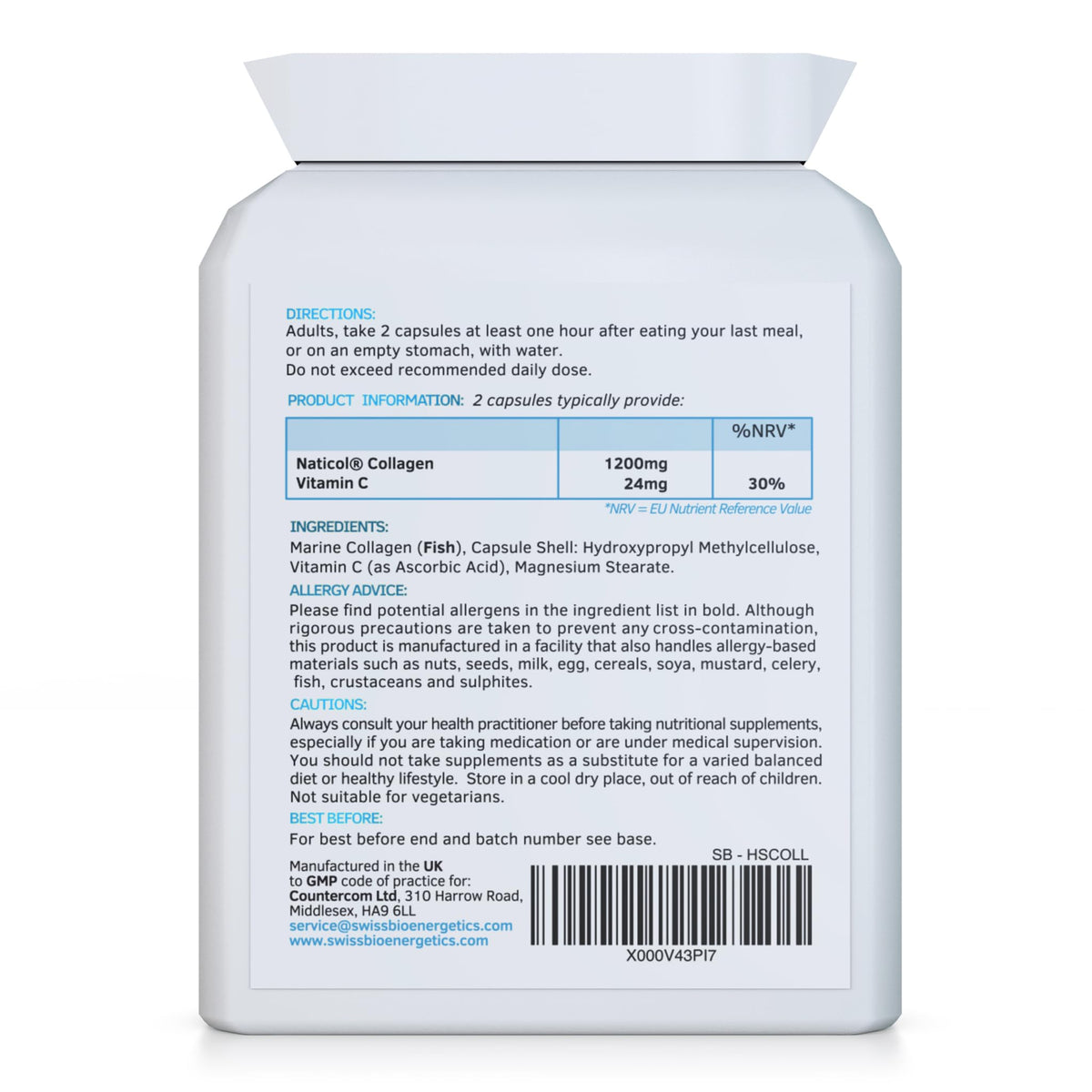 swiss bioenergetics Marine Collagen 600mg 60 Capsules - Highly Bioavailable Naticol® Type 1 Produced by enzymatic hydrolysis ensuring The Highest Levels of oligopeptides with Maximum Purity