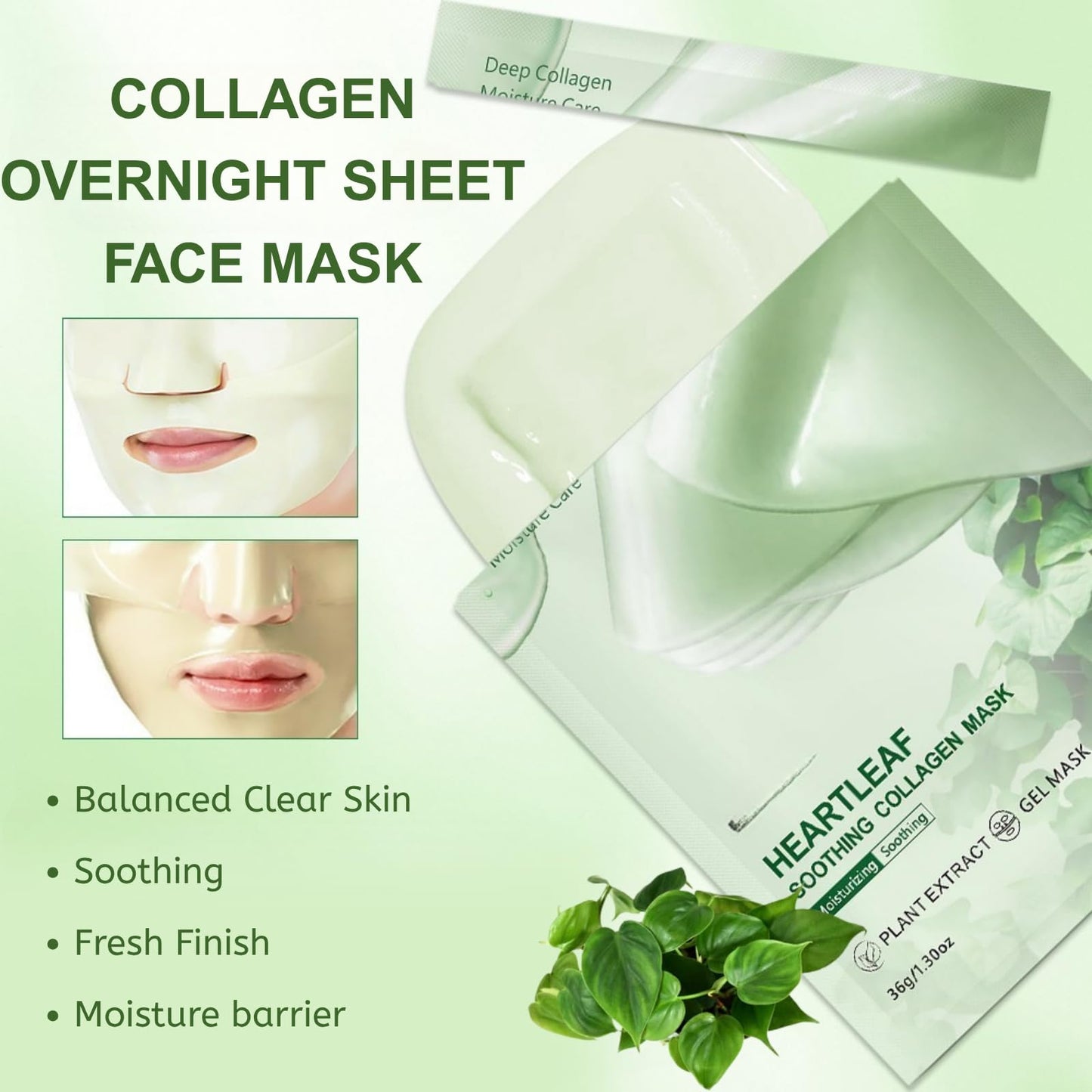 IZBEAUVO 3Pcs Heartleaf 70 Collagen Face Mask, Bio Overnight Sheet Mask for Glass Skin, Color Changing Collagen Gel Mask, Hydrogel Face Masks with Hyaluronic Acid, Deep Hydration, Tightening, Korean Skincare