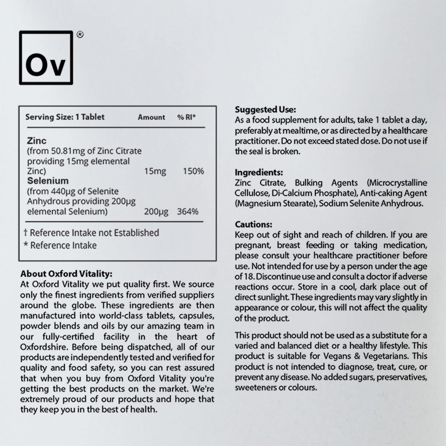 Ov OXFORD VITALITY Selenium 200mcg & Zinc 15mg Tablets | Selenium and Zinc Supplement | Food Supplement | Oxford Vitality