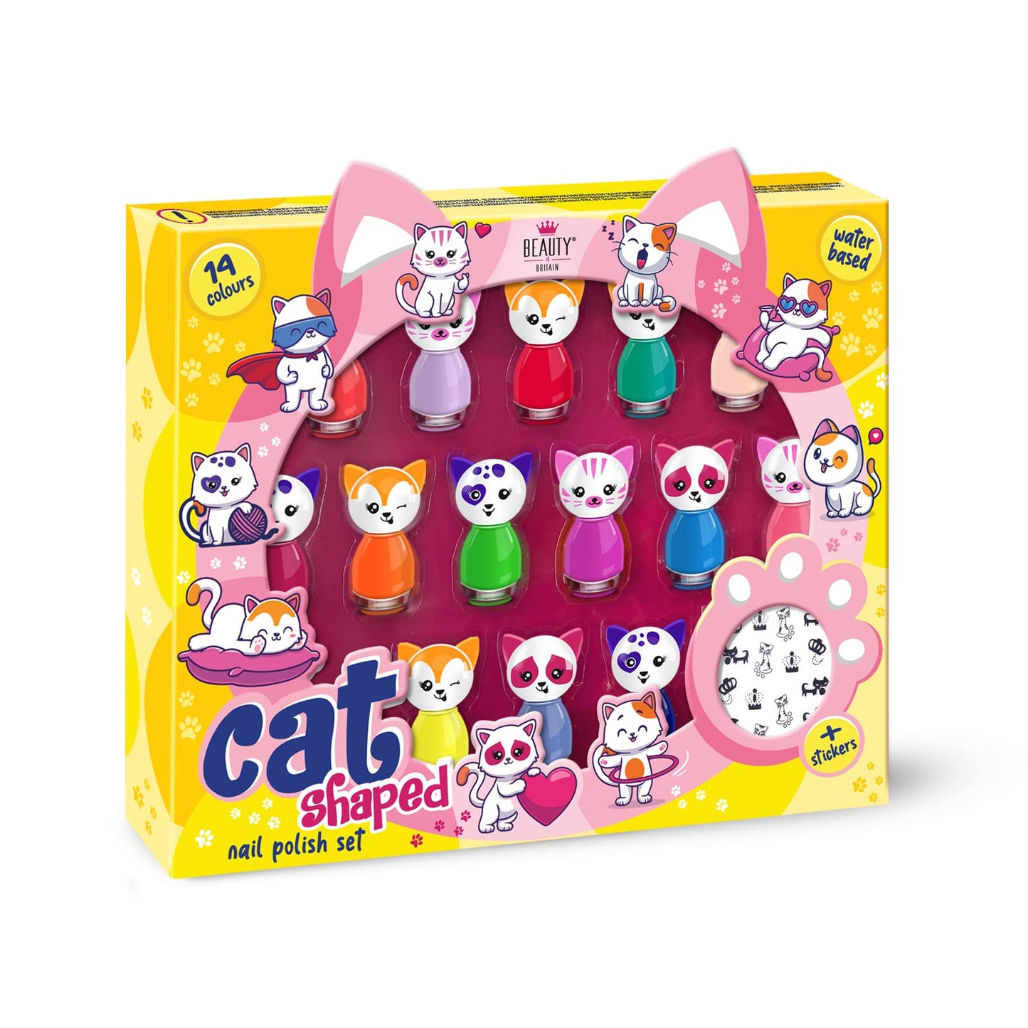 Beauty4Britain Cat Shaped Water-Based Nail Polish Set, beauty4britain, 14 Colours, Quick Dry, Peel Off, Cat Nail Stickers Included, Display Gift Box