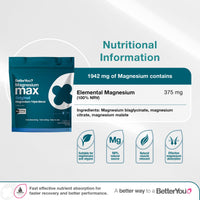BetterYou Magnesium Glycinate, Citrate & Malate Supplement | 1942mg Magnesium Max Powder - Unflavoured, 3-in-1 Powder 375mg Elemental Absorbtion, Fast Absorbing, Fast Acting & Easy to Use