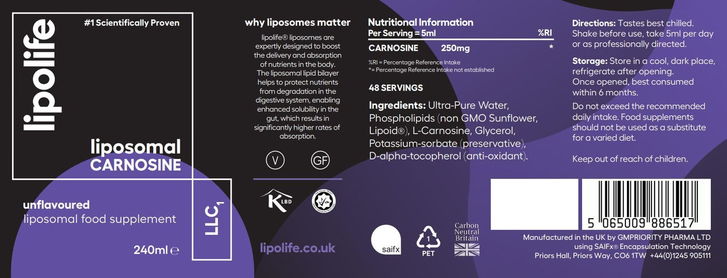 Lipolife liposomal Carnosine. Unflavoured Liquid, Gluten Free, Vegan. Advanced antioxidant with Higher Absorption. 240ml. lipolife LLC1
