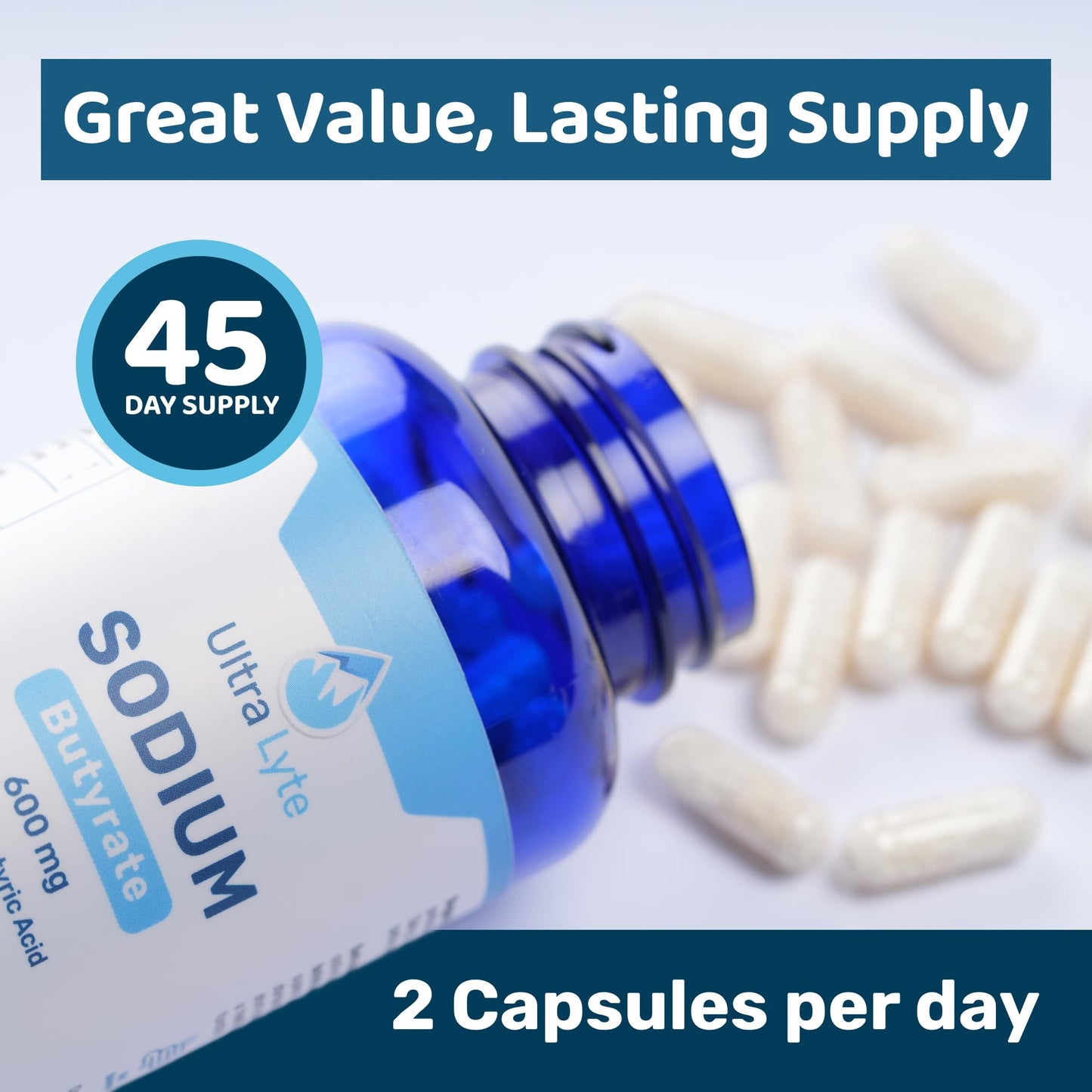 Ultra Lyte Sodium Butyrate 600mg per Serving – 80% Butyric Acid – 90 Vegan Capsules, 45 Servings – Advanced Microencapsulated Formula – Gut Comfort & Digestive Balance