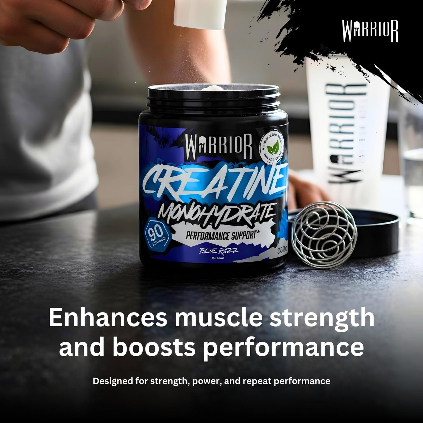 Warrior Flavoured Creatine Monohydrate Powder 300g (90 Servings) – Creatine Powder Drink, Creatine for Performance, Strength & Recovery (Not Creatine Gummies or Tablets) – Blue Razz