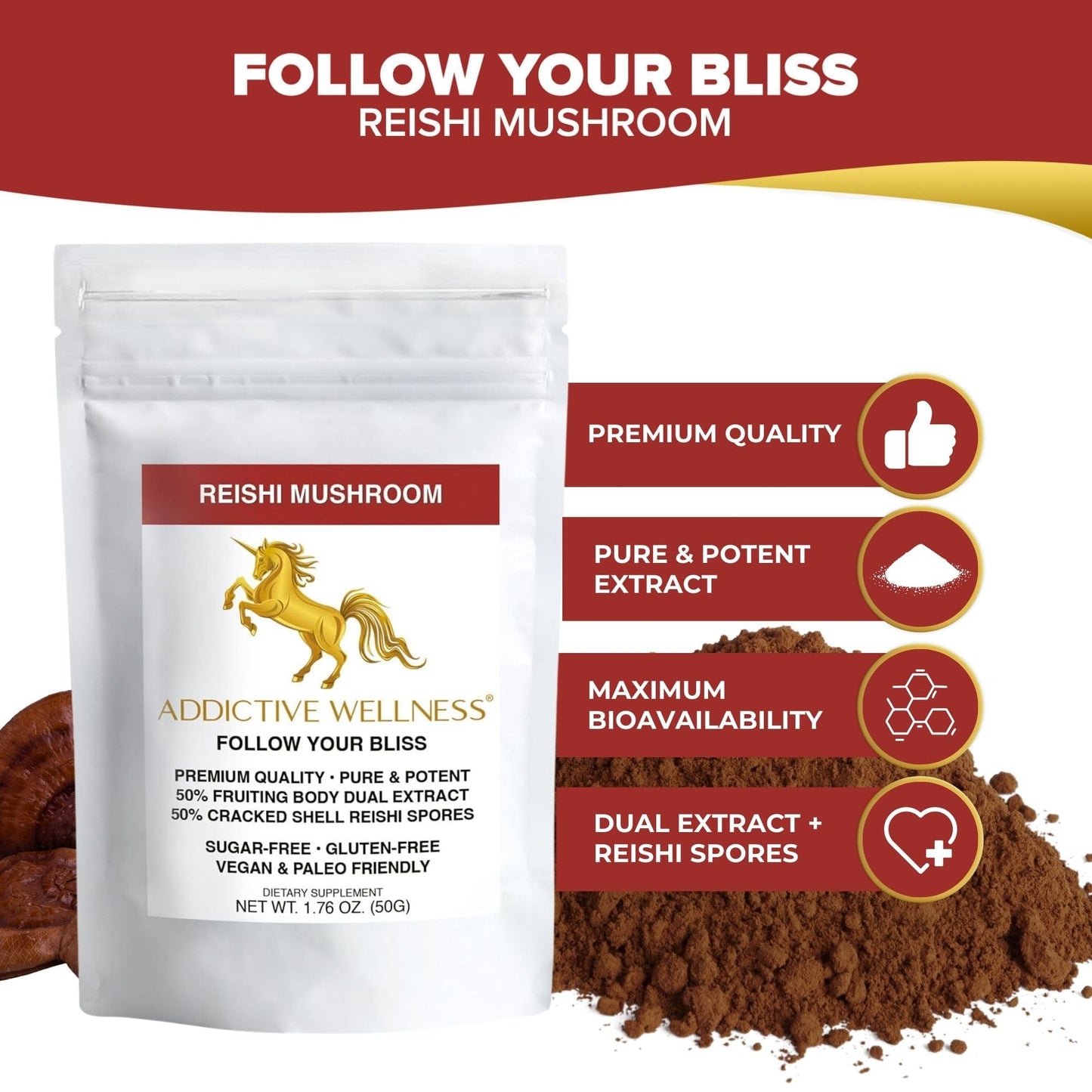 Addictive Wellness Reishi Mushroom Extract Powder + Spores (50/50 Blend) Wood Grown Pure & Potent Wildcrafted Ganoderma (100 Grams)