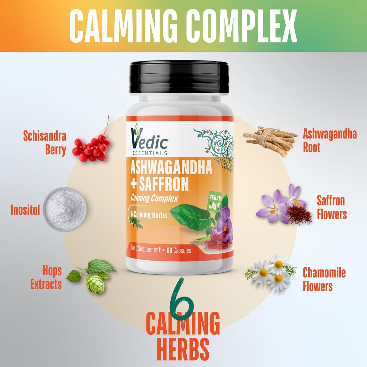Vedic Essentials Vedic Ashwagandha-Saffron Calming Complex | 6 Calming Herbs Blend- Ashwagandha Boosted with Saffron, Chamomile, Hops, Inositol & Schisandra Berry | High Strength 2290mg | Premium, Vegan, 60 Capsules