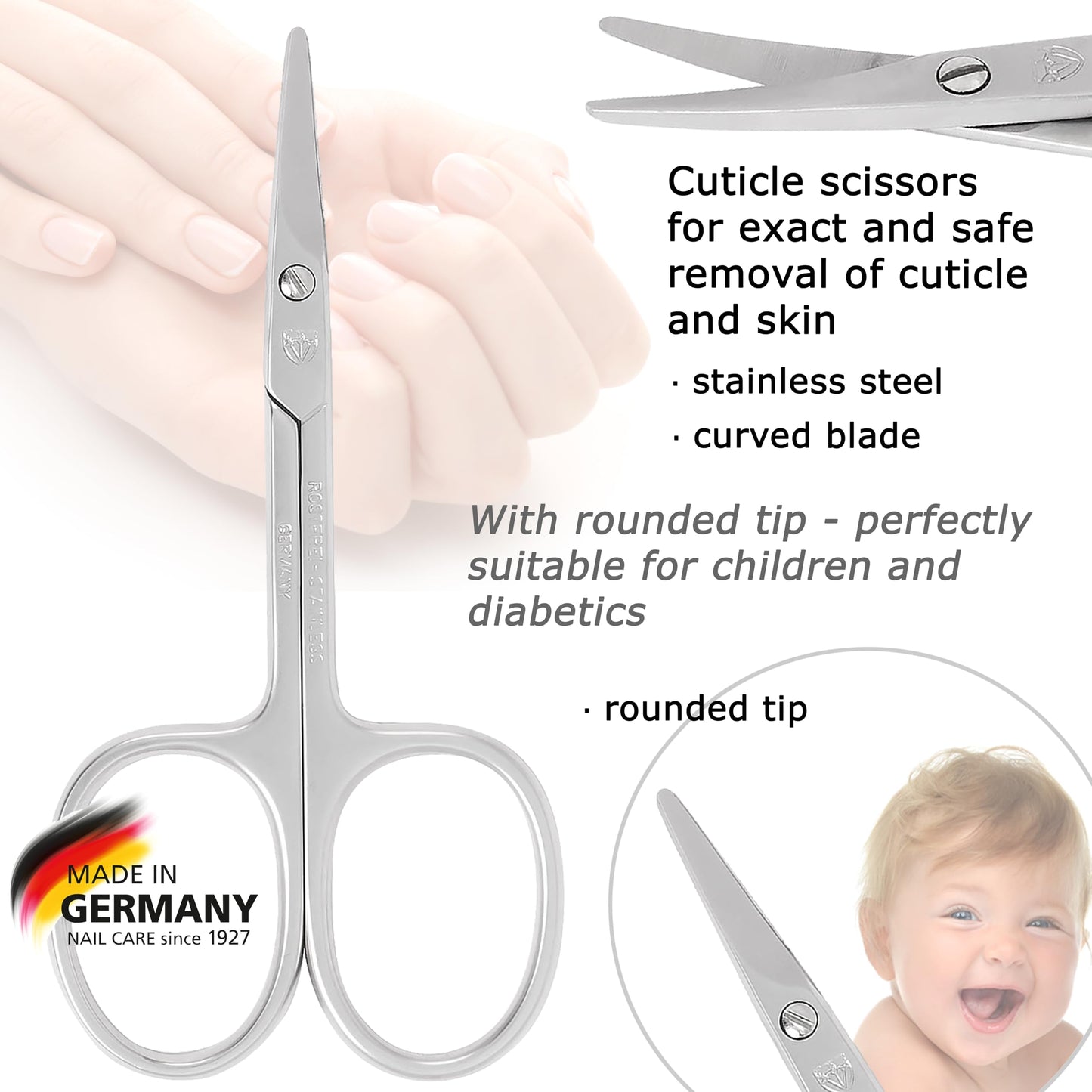 3 Swords Germany - Brand Quality Stainless Steel INOX Curved Cuticle Scissors with Round Tips for Diabetics or Kids - Made in Solingen Germany