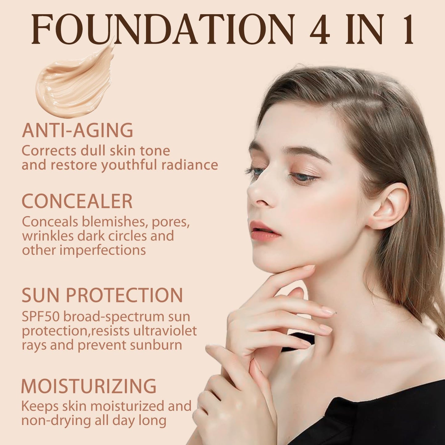 EONFAVE 4 in 1 Colour Changing Foundation - Colour Changing Mature Skin Foundation - SPF50 Medium Spectrum Foundation - Full Coverage Skincare, Moisturizing Anti-aging, Universal Shade for All Skin Types