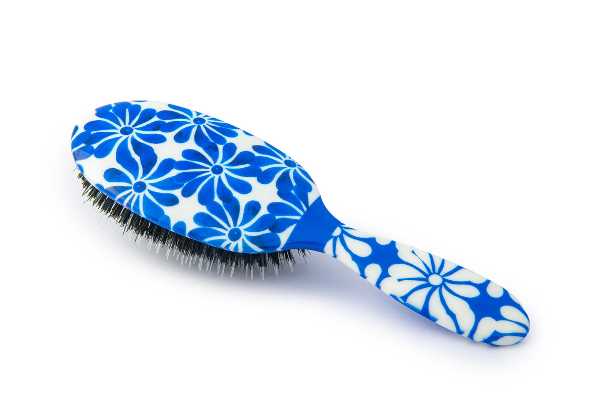 Rock & Ruddle Natural Pure Boar Bristle Hair Brush for Women and Kids (Large, 21cm) - Perfect for Wet or Dry Hair, Detangling Smoothing Blowdrying - Designed & Made in UK - Blue Ribbon