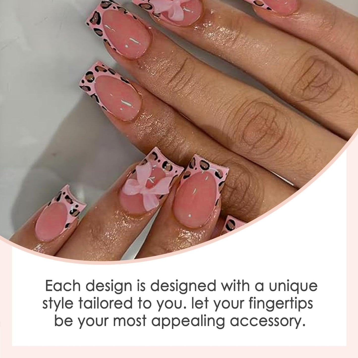 Generic Leopard French Tip Press on Nails - Short Square Pink Acrylic Fake Nails with Jelly Glue, Full Cover, 24 Pcs, Cute Bow Design, Durable & Easy to Apply for Women