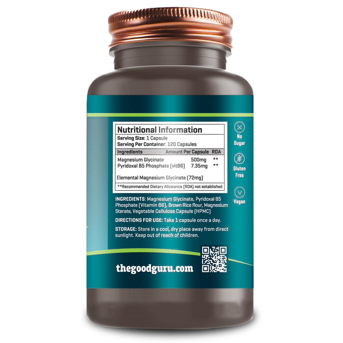 Magnesium Glycinate Supplements with Vitamin B6 | 120 Capsules, 2-in-1 Formula | High Absorption | 500mg Magnesium Glycinate + 7.35mg Pyridoxal 5 Phosphate | Vegan | Made in UK by The Good Guru