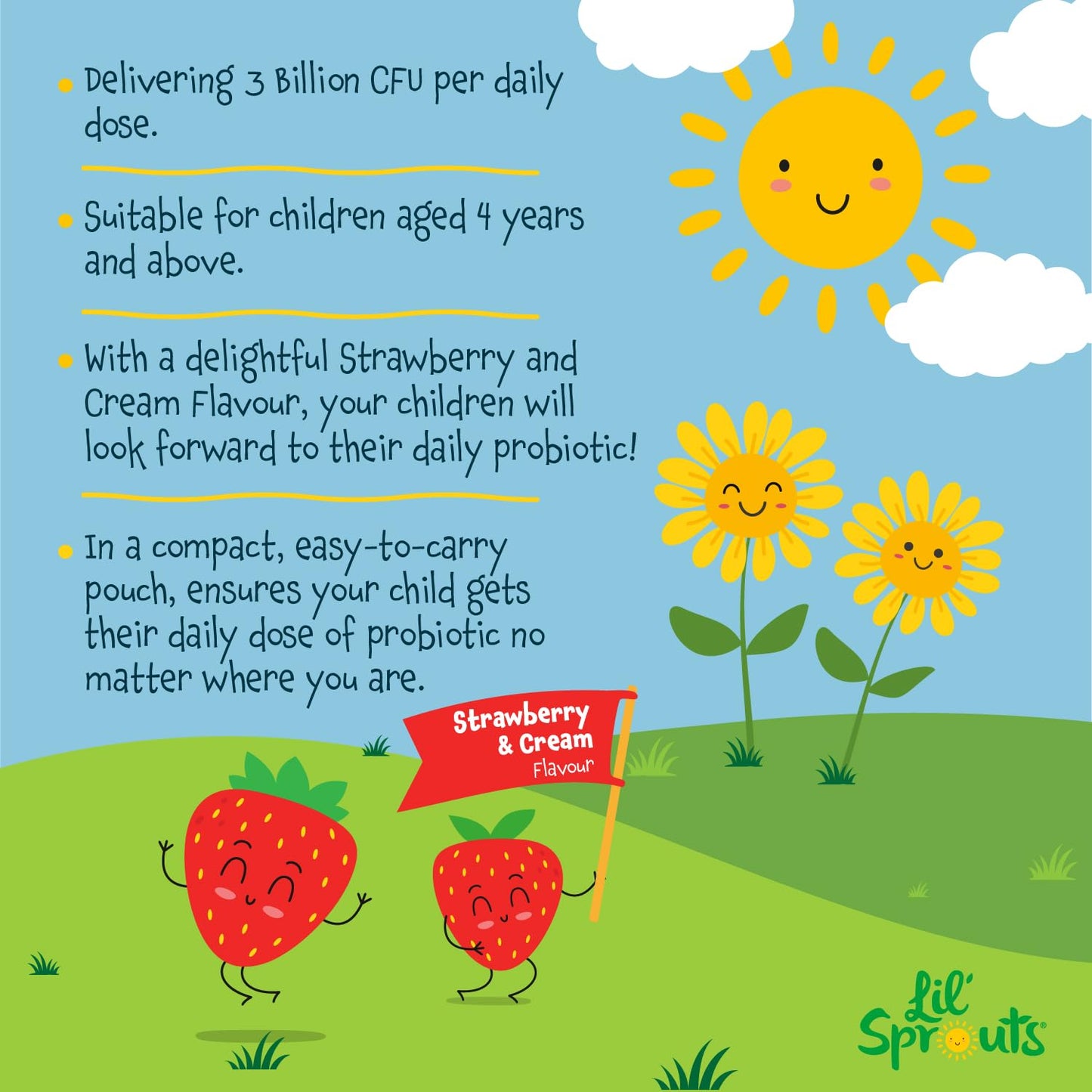 Kids Probiotics 3 Billion CFU | 60 Vegan Chewable Tablets | Natural Strawberry and Vanilla Flavour | Multi-Strain with Lactobacillus and Acidophilus | No Artificial Preservatives | by Lil' Sprouts