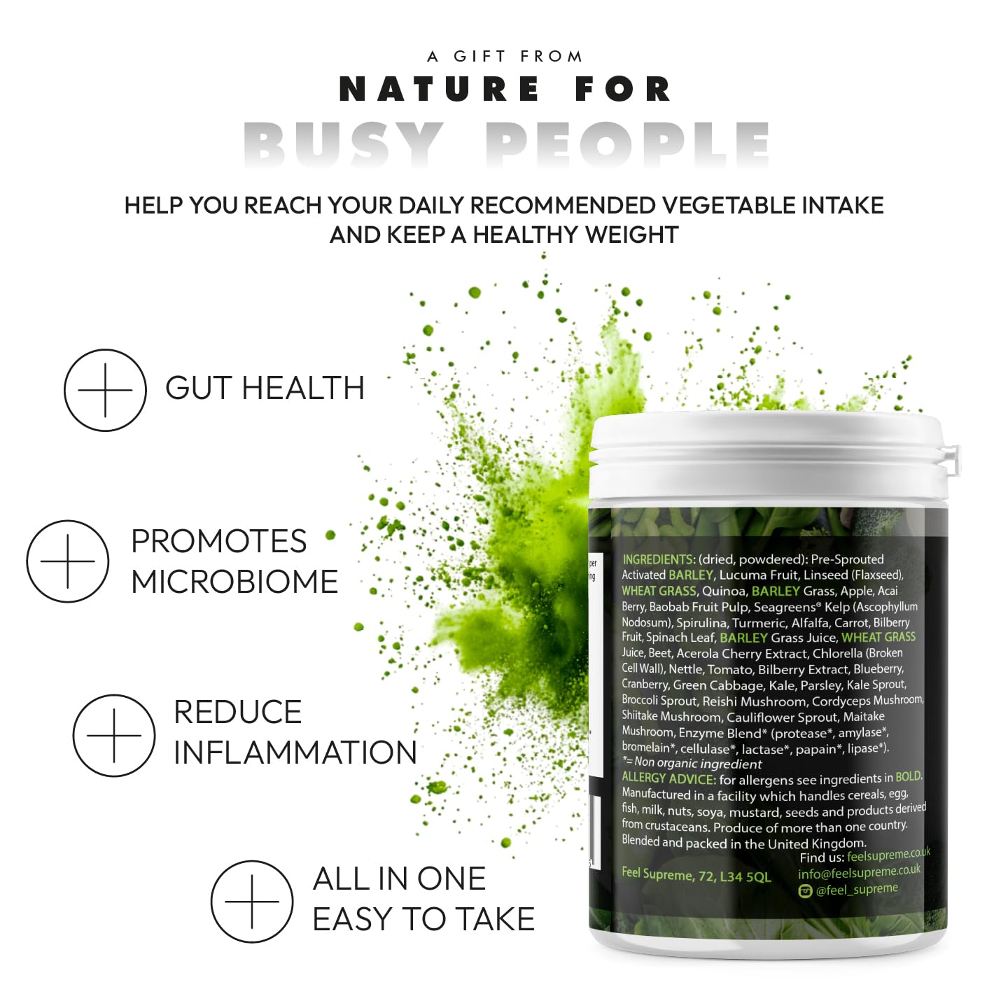 Feel Supreme - Super Greens Powder with Mushroom - 35 Nutrient Dense Organic Superfoods, no Added Sugar - High in Fibre, Protein, Vitamin C, Spirulina - Greens Supplement, Mushroom Powder - 300g