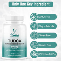 Vinco Supplements TUDCA Bile Salts Liver detox & Support Supplement - 60 Capsules,500mg per Serving - Tauroursodeoxycholic Acid - Genuine Bile Acid TUDCA with Strong Bitter Taste - Non-GMO & Gluten Free- Made in The UK