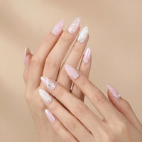 Sun&Beam Nails Handmade Press-on Medium Long Amlond Pink White 3D Rhinestone Sweet Design Fashion False Nail Tips 10 Pcs Set (#011 M)