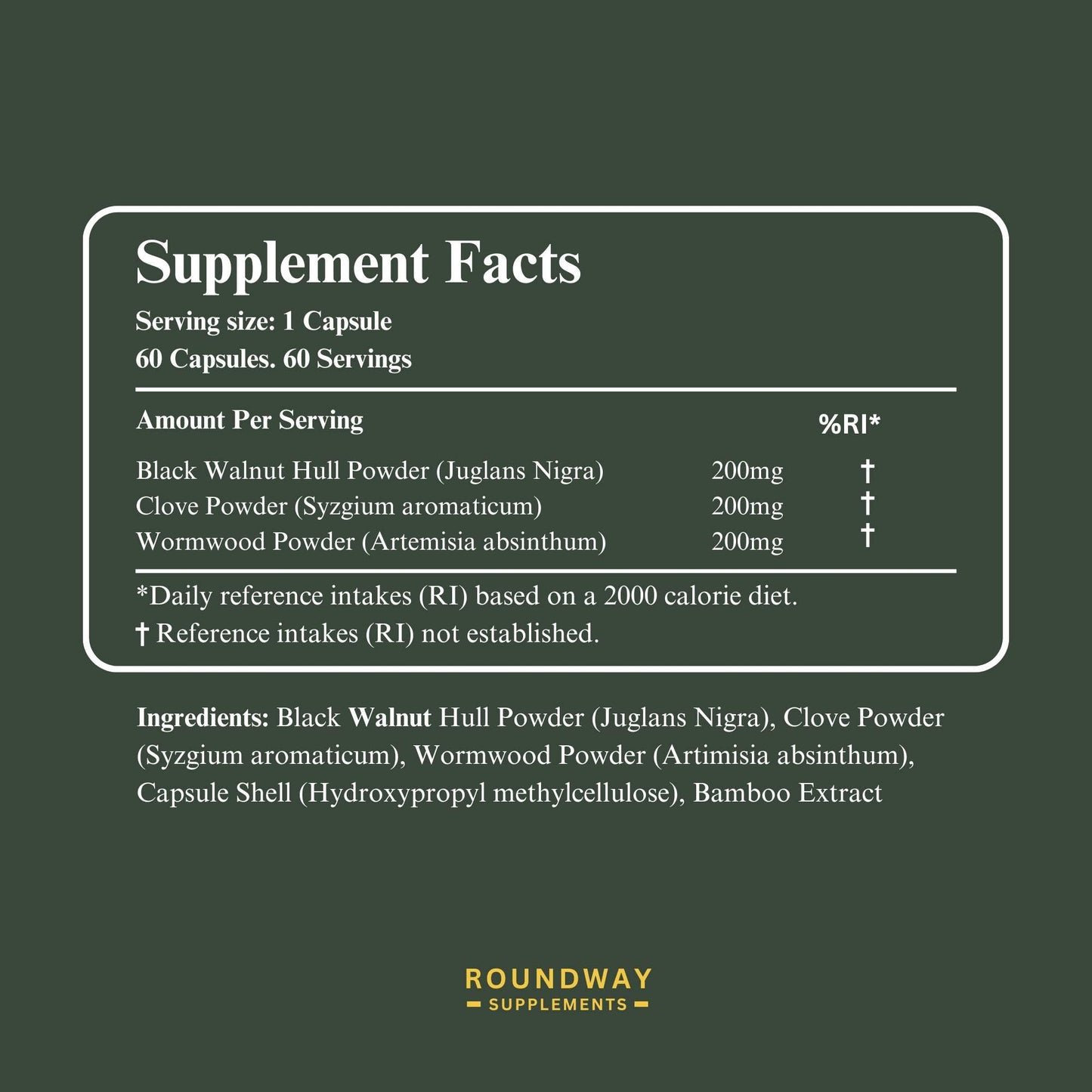 Roundway Supplements Wormwood Black Walnut and Clove Capsules | High Strength Supplement for Humans | 2 Months Supply | 60 Capsules, 600mg per Serving | Vegan Supplement and UK Made (Pack of 1)