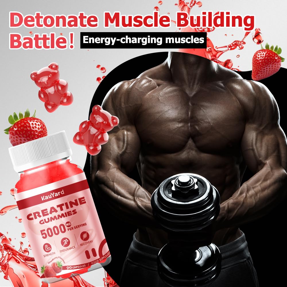 KauYard Creatine Monohydrate 5000mg Gummies - Sugar Free Muscle Support Supplement with Electrolytes & Vitamin D3 | Strawberry Flavour Chewable Creatine for Athletes & Fitness