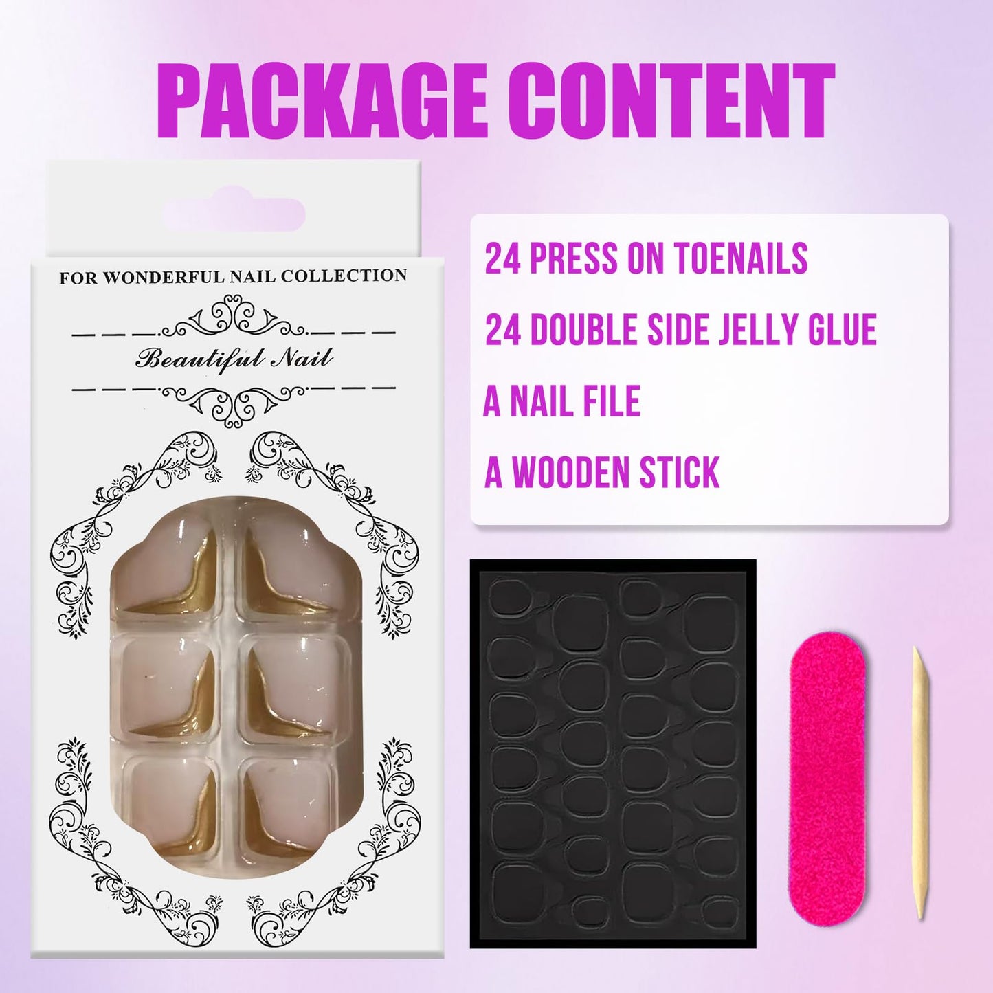 Ceboic 24Pcs French False Toenails, 3D Gold Short Square Fake Toe Nails Glue on, Summer Glossy Gel Acrylic Stick on Toenails, 12 Sizes Nude Pink Full Cover Press on Toe Nails for Women Pedicure Decorations