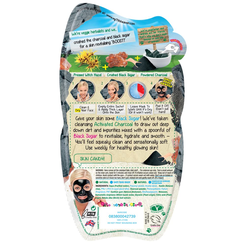 7th Heaven Charcoal & Black Sugar Peel Off Face Mask, Deep Cleansing, Detoxifying, Hydrating and Vegan Peel Off Mask - Genuine 7th Heaven Face Masks Skincare