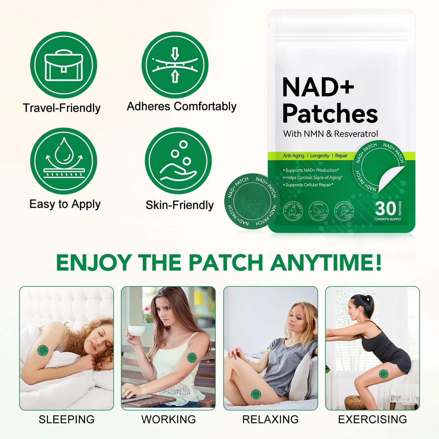 XAYGHE NAD+ Patches - Cell Regeneration Support - Botanical Plant-Based Formula with Resveratrol & Lion's Mane - 30 Vegan Patches