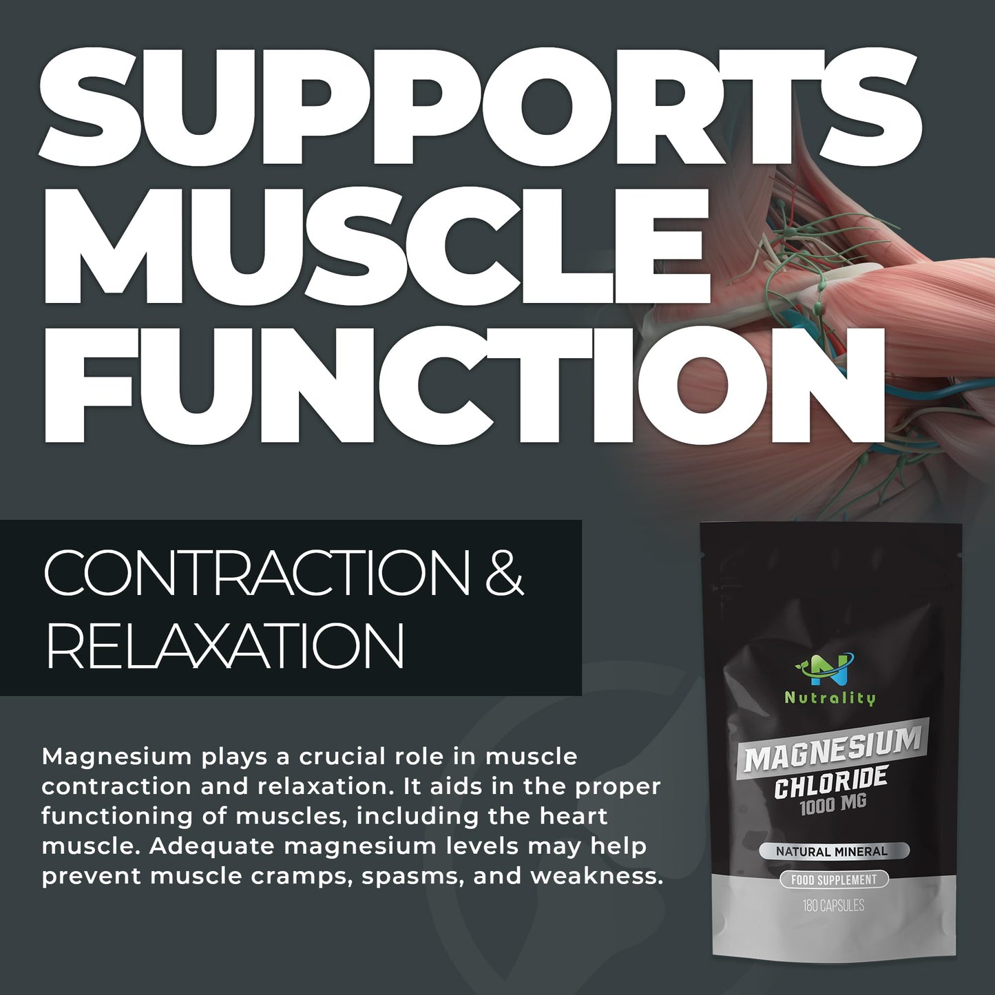 Nutrality Magnesium Chloride Supplement 1000mg | for Men & Women | for Sleep,Constipation, Digestion, Bone Health & Relaxation | Vegan | 180 Capsules