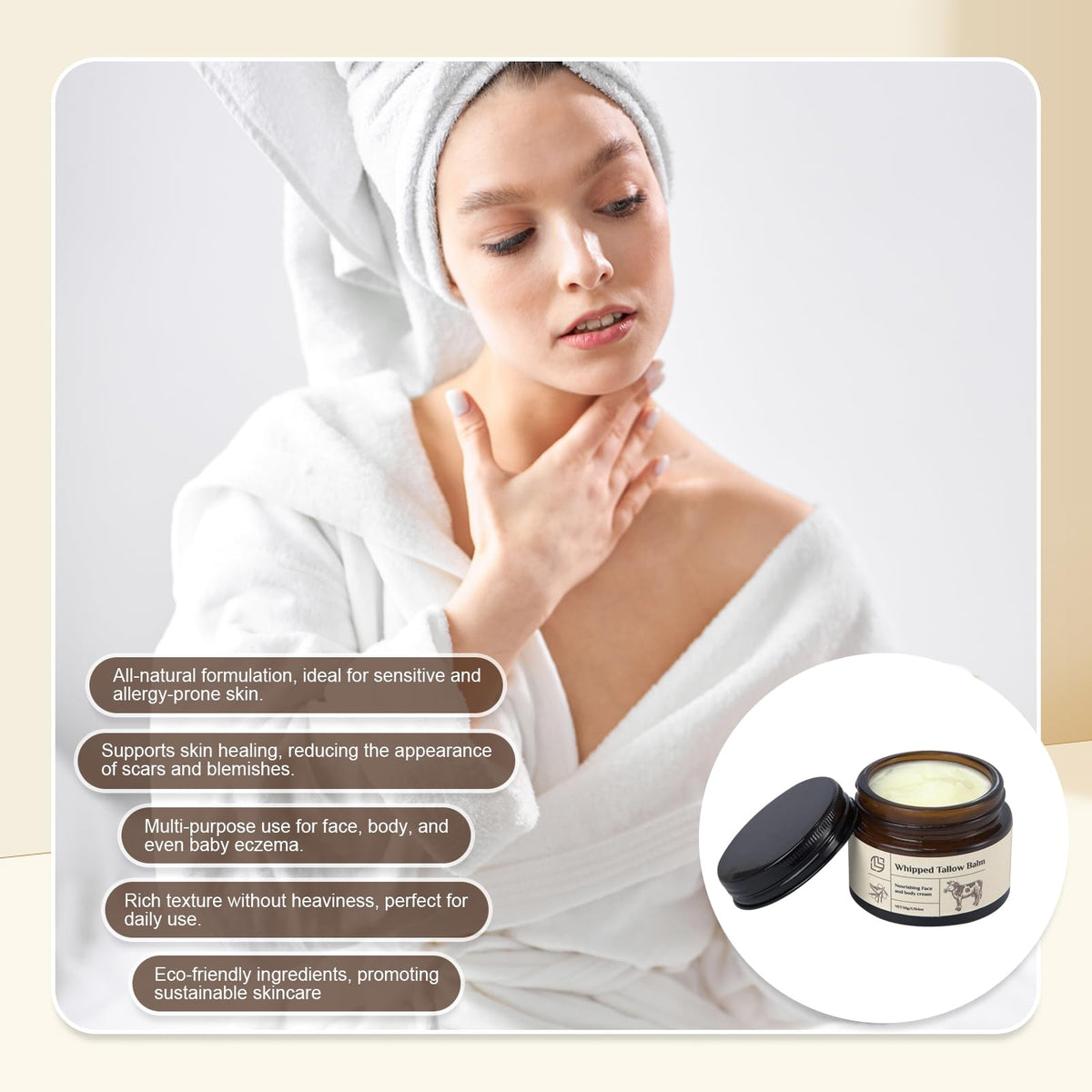 MADGININE 50g Tallow Face Cream Tallow Beef Tallow Moisturiser Beef Tallow for Skin Tallow and Honey Balm Gentle and Moisturizing Face and Body Tallow Cream, Suitable for All Skin Types, A Thoughtful Gift