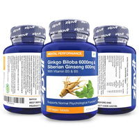 Zipvit Ginkgo Biloba and Siberian Ginseng, Standardised Ginkgo 6000mg and Ginseng 600mg with Vitamins B3 and B5. 120 Vegan Tablets for Focus,Mental Performance,Boost Energy. 4 Months Supply