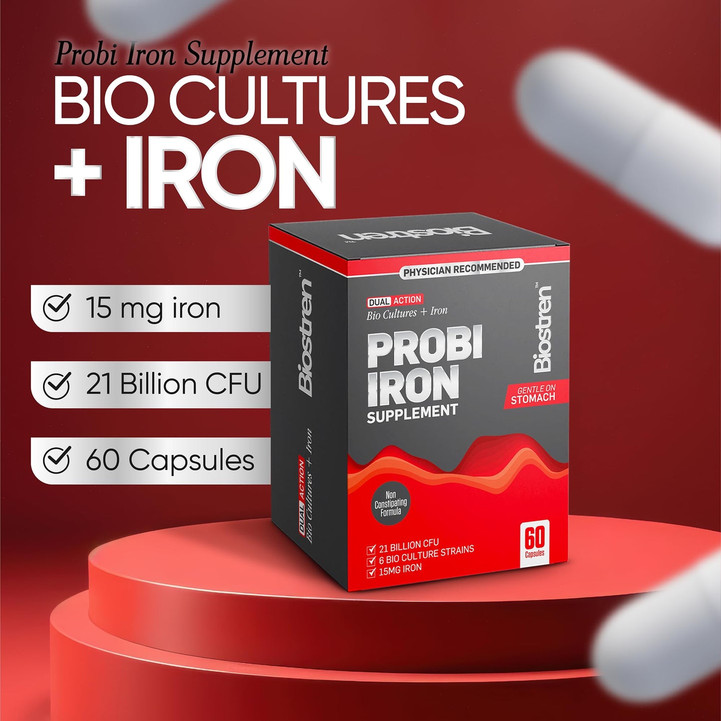 Biostren Probi Iron | 2 in 1 Bio Cultures Complex Plus Iron for Ultimate Gut Health and Hemoglobin Support | Probiotic | Red Blood Cells | Bloat Relief | Digestion | IBS | 60 Capsules