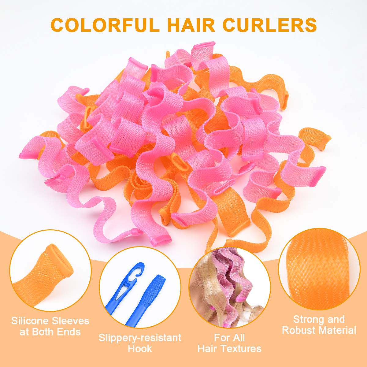 URAQT Hair Rollers No Heat, 24pcs Hair Curlers Styling Kit with Styling Hooks, Wave Hair Curlers for Long & Short Hair, DIY Hairstyle Styling Tools 30cm