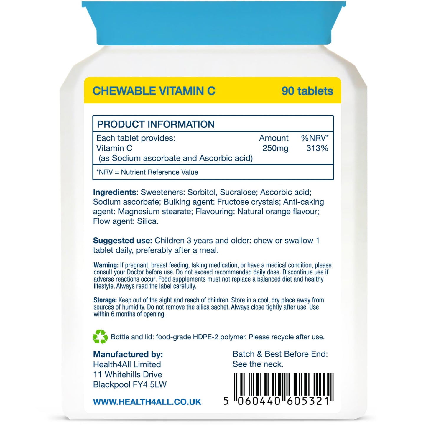 Health4All Kids Vitamin C 250mg, 90 Chewable Tablets for Children 3+, Immune Support