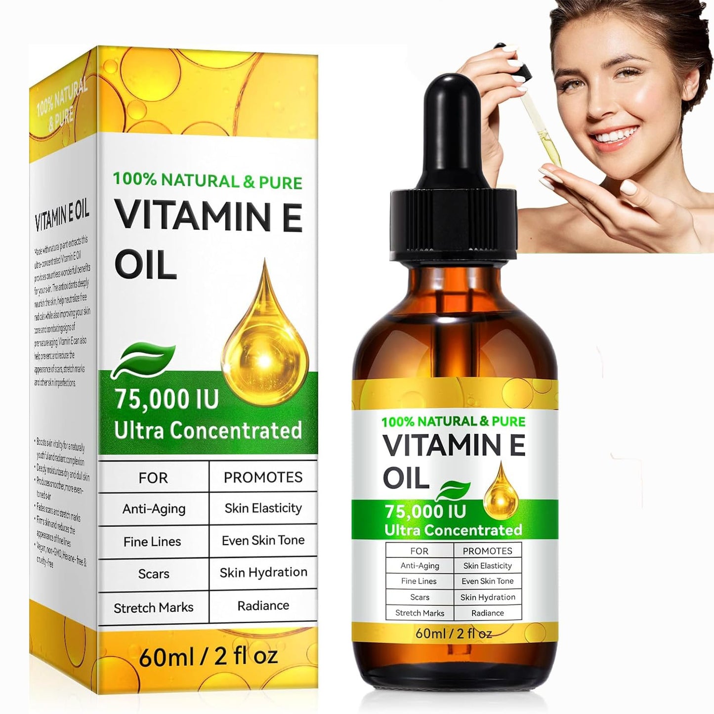 Pure Vitamin E Oil for Skin & Hair – 100% Natural, 75,000 IU, 2 Fl Oz | Deeply Moisturizes, Repairs & Protects | Non-Greasy Cold-Pressed Formula | Nourishes Face, Body, Scars, Cuticles + Hair Health