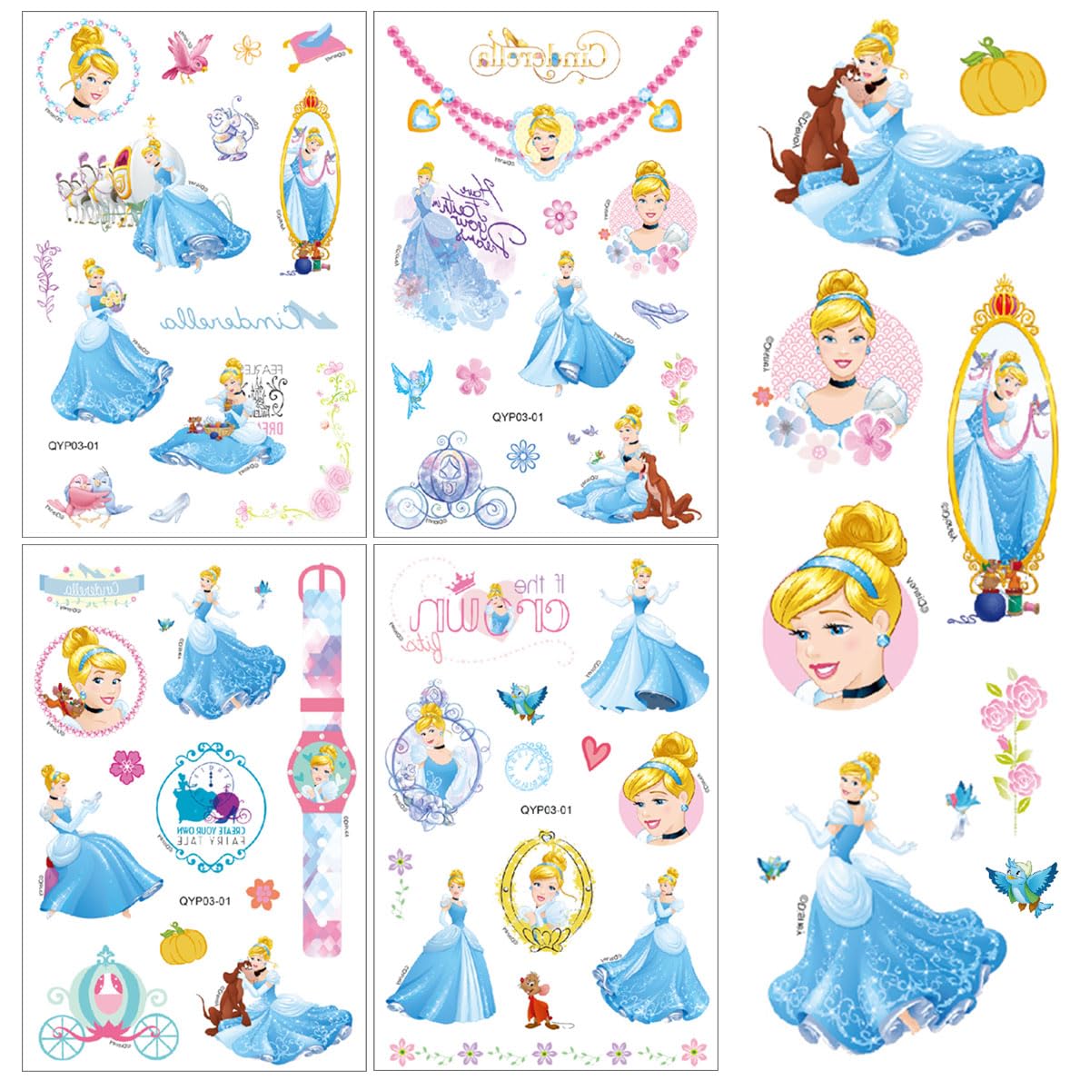 FRESHOER Cinderella Temporary Tattoos,4 Sheets 100+ Patterns Princess Tattoo Stickers